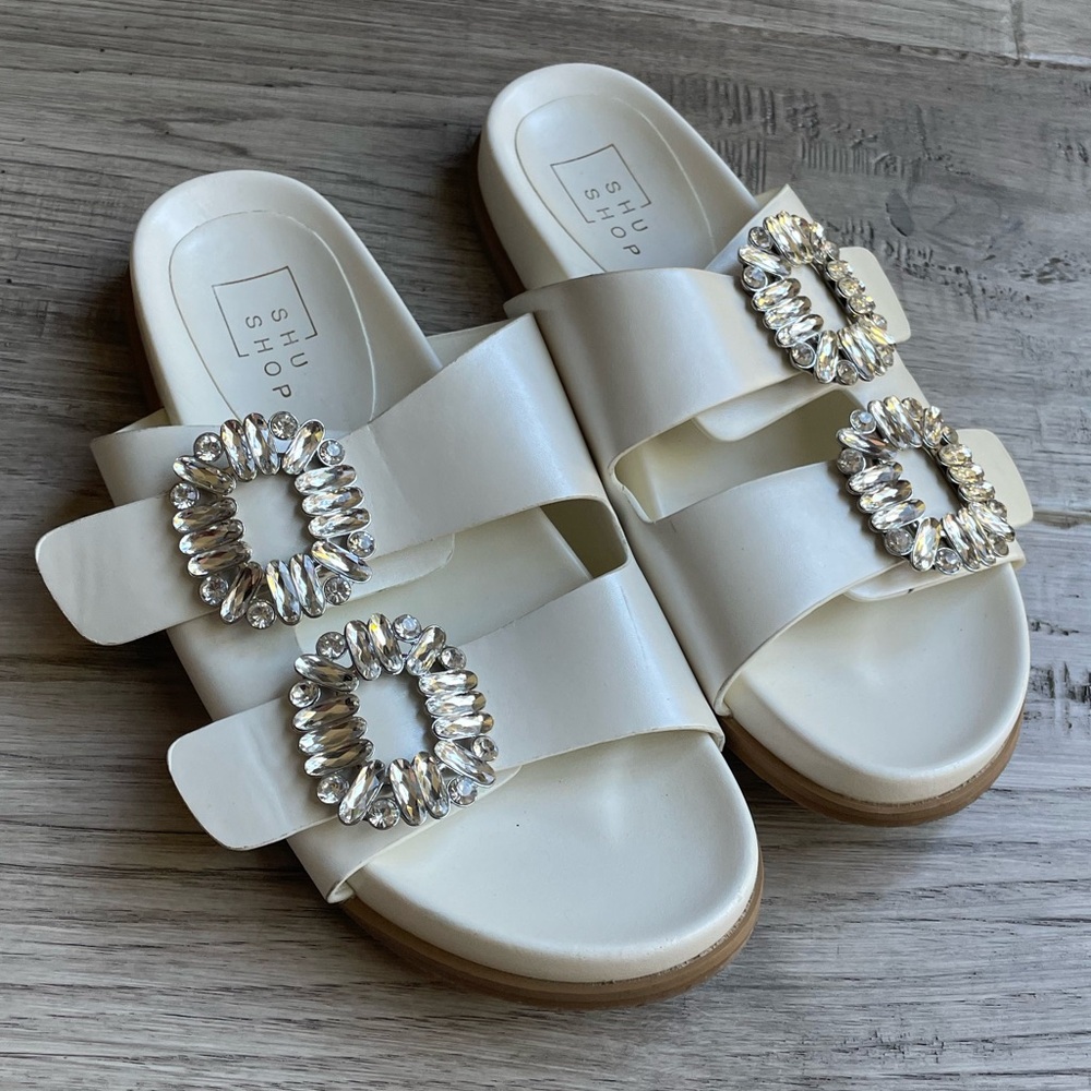 ShuShop Bridget Slide Sandals Cream/Rhinestone Buckle Bridal Feminine Fun SZ 7.5 - Picture 3 of 12